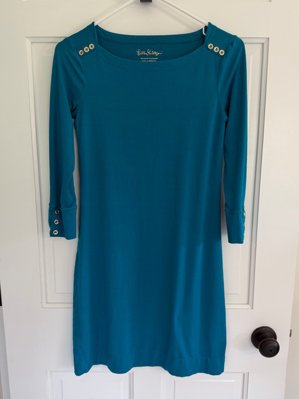 Lilly Pulitzer Sophie UPF 50+ Teal Shift Dress Gold Buttons XS